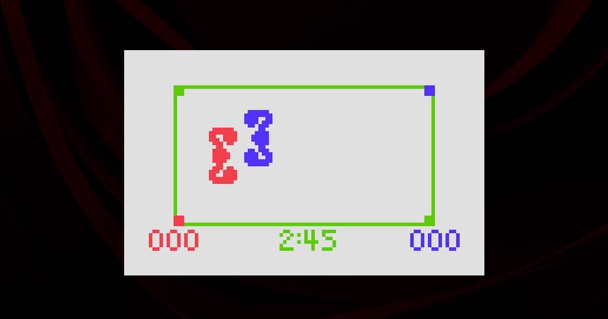 Gameplay interface showing top-down boxing ring with two players in emulated Fairchild Channel F scene