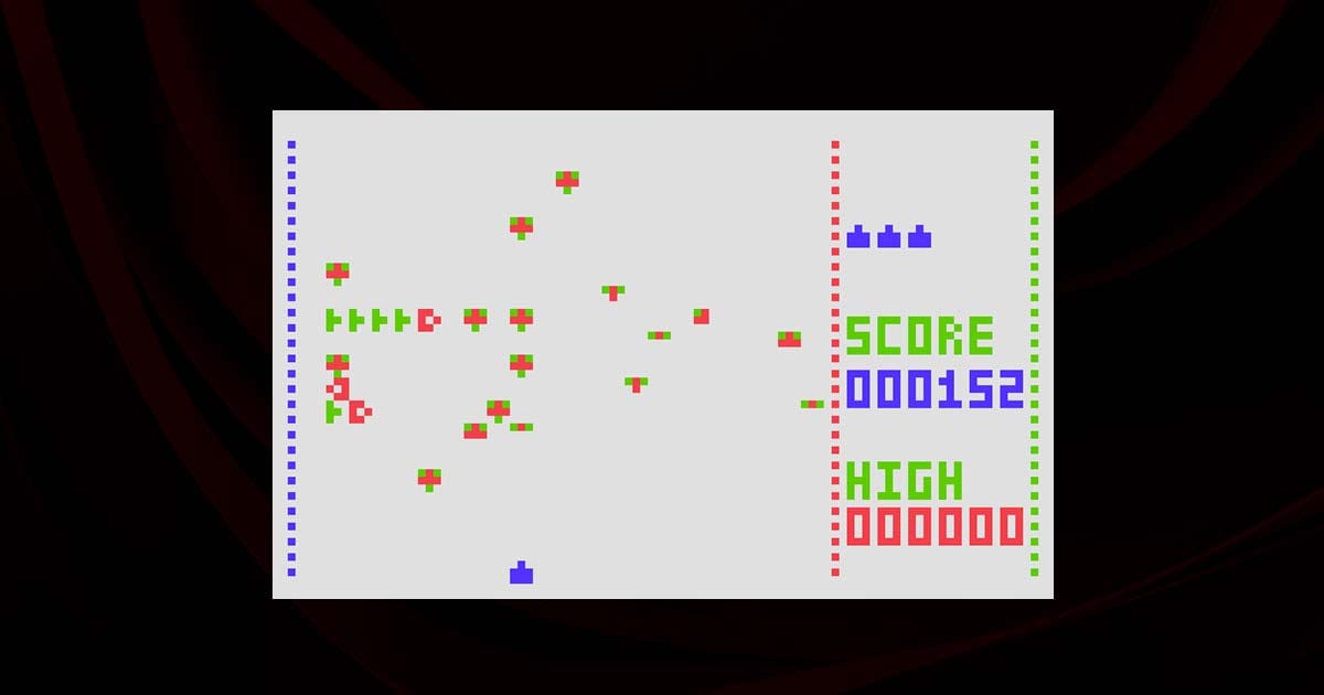 Gameplay scene showing player shooter and descending segments in Fairchild Channel F interface