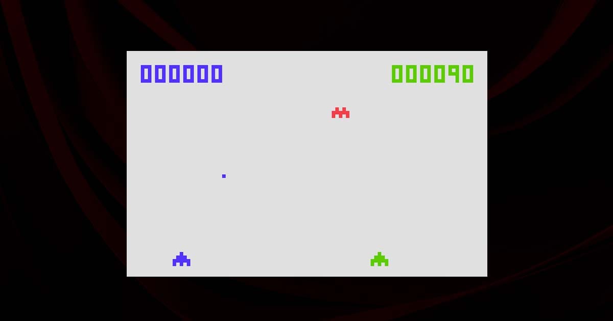 Gameplay screen showing a descending invader and player ship in a simple interface