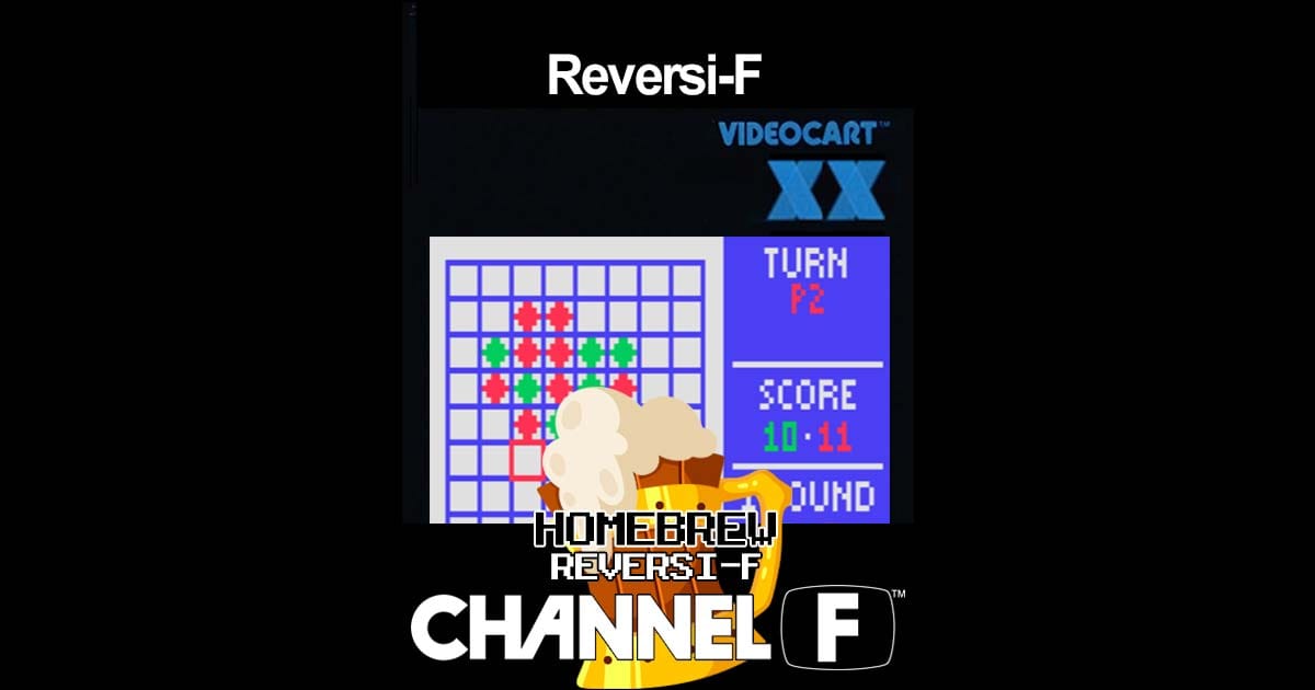 Reversi-F gameplay scene with a classic dark green grid and player pieces shown on a retro console interface