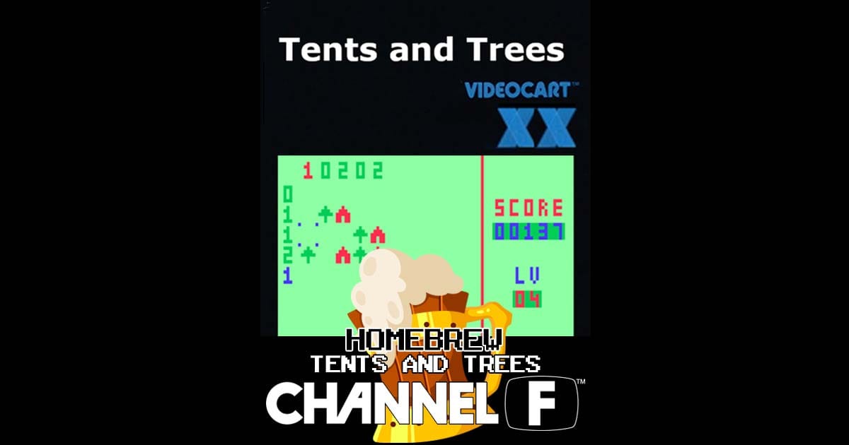 Logic puzzle gameplay scene with trees and tents arranged on a grid in Channel F homebrew game