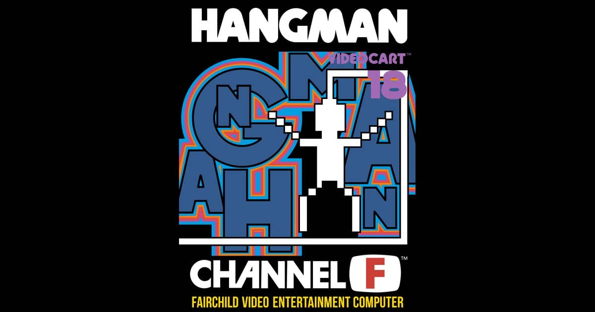Box art for Videocart-18 Hangman puzzle video game on the Fairchild Channel F cartridge system