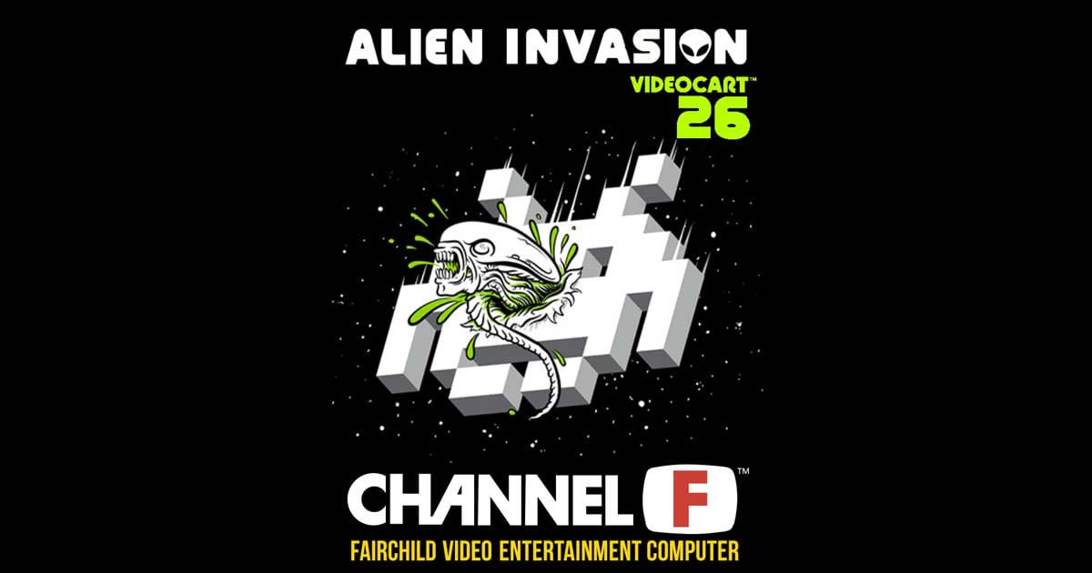 Promotional cartridge box art for Videocart-26 Alien Invasion showing a space battle scene on Channel F system