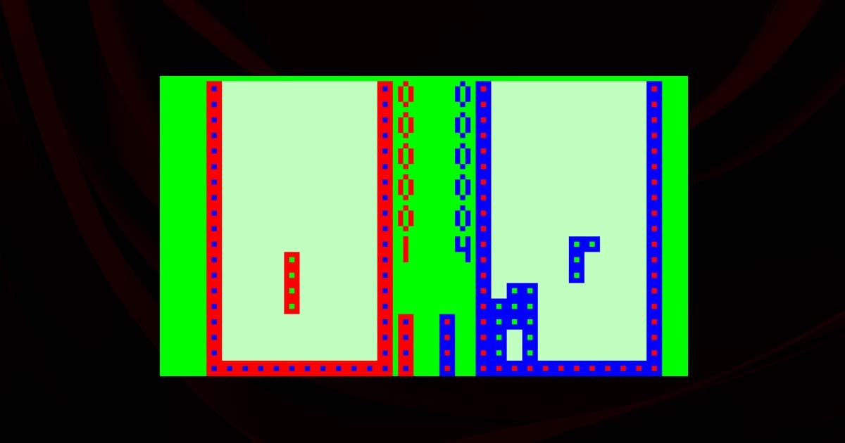 Tetris gameplay scene on Fairchild Channel F showing falling blocks in a vertical playfield