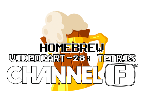 Videocart-28 Tetris title label for Fairchild Channel F with simple block-based design