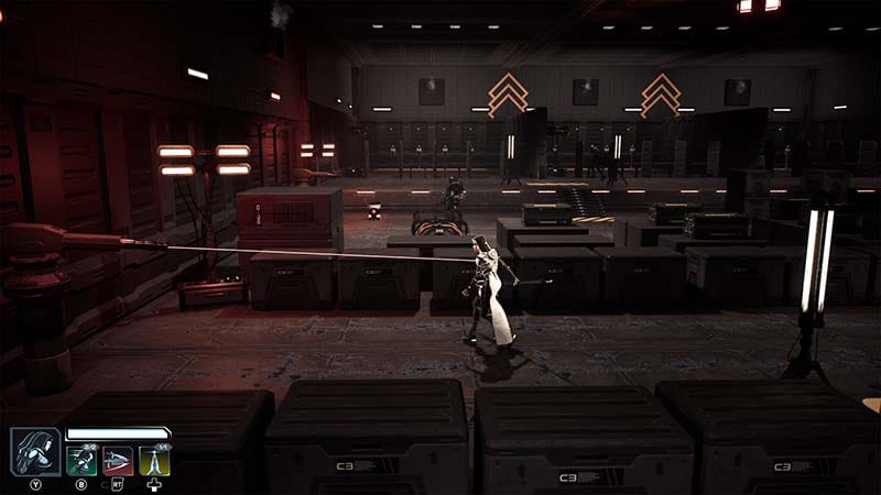 Exploration gameplay inside a damaged sector of the ship