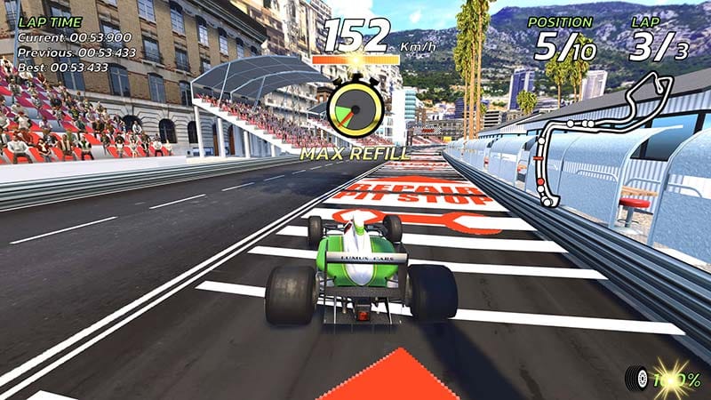 Vehicle selection screen showing different formula racing cars and stats