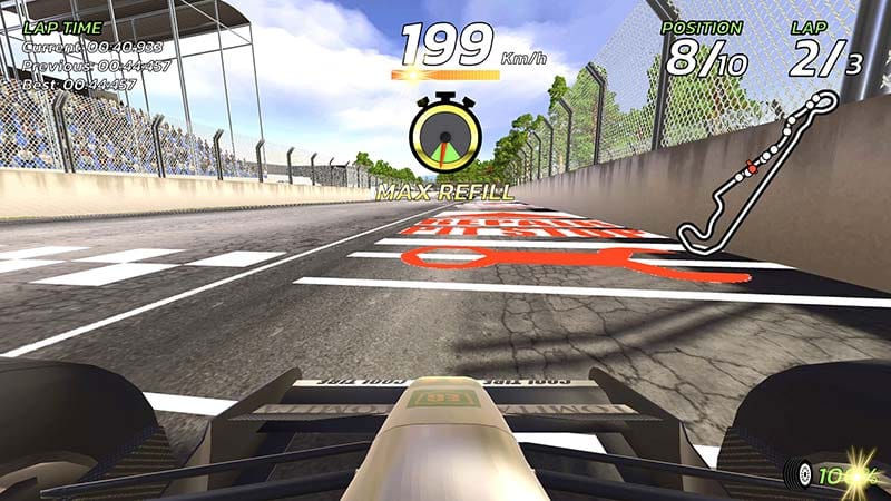 Race start gameplay scene on a closed circuit track with multiple cars