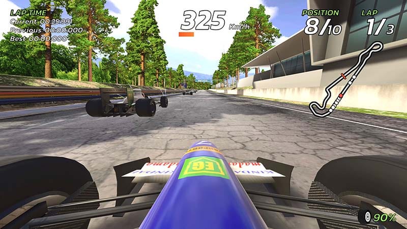 Split-screen multiplayer showing four players racing on the same track