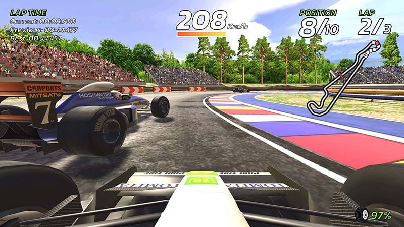 Final lap race scene with close competition between multiple formula cars