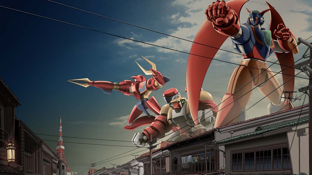 Animated super robot artwork showing GEPPY-X facing a cosmic invasion