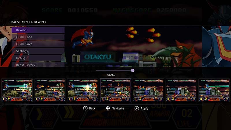Gameplay scene showing GEPPY-X in a fast-paced 2D side-scrolling battle
