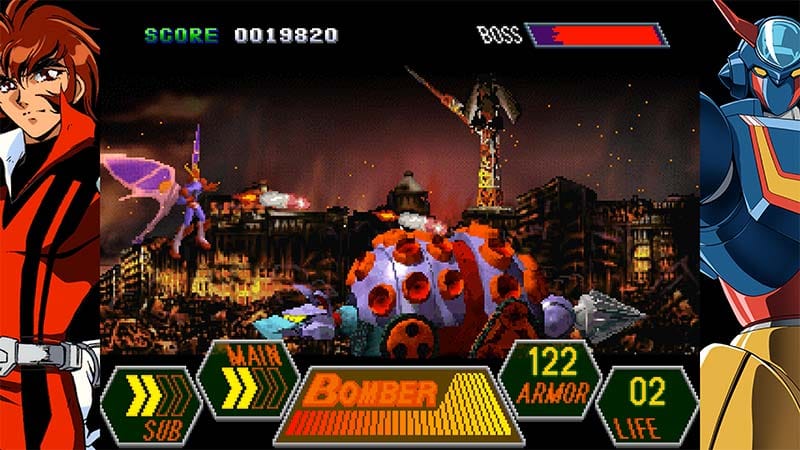 Gameplay scene showing GEPPY-X navigating a dangerous battlefield