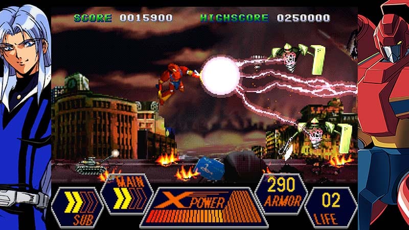 Gameplay scene showing GEPPY-X battling enemy war machines in a dramatic setting