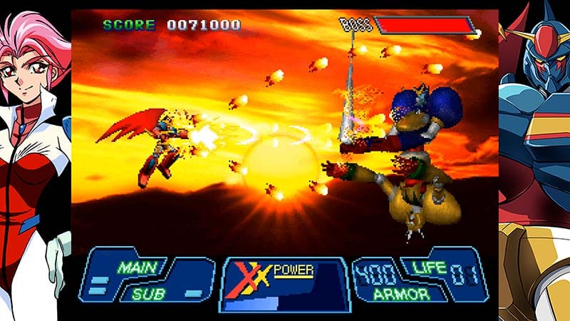 Gameplay scene showing a transforming robot engaged in fast-paced combat