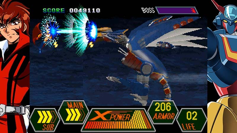 Wide gameplay view showing GEPPY-X confronting colossal enemy machines