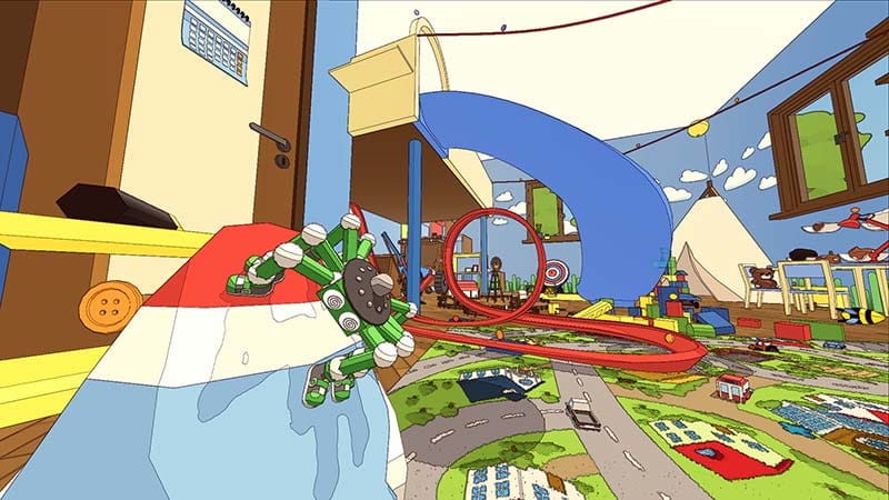 Gameplay showing web swinging and household object interaction