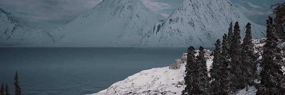 Cinematic frontier banner showing a prospector in the Alaskan wilderness