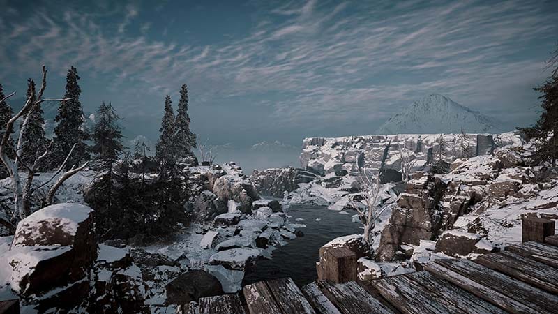 Player traveling across the wilderness using a dog sled