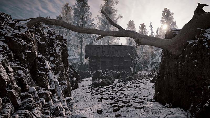 Player preparing equipment near a frontier campsite