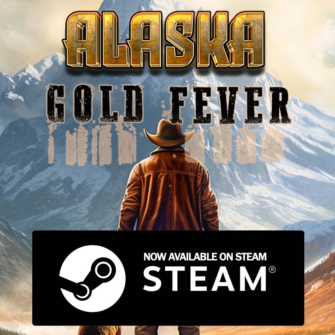 Alaska Gold Fever key art showing a prospector in a snowy frontier landscape