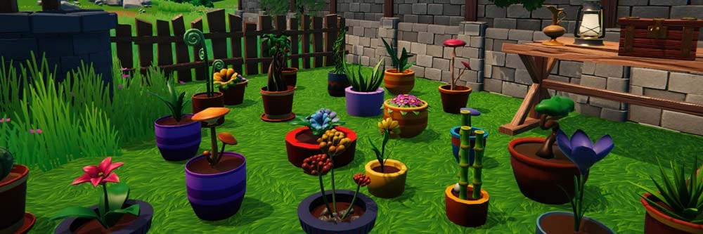 Wide fantasy shop scene with potion crafting stations and medieval market atmosphere