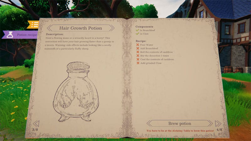 Gameplay scene showing potion brewing inside a first-person fantasy shop simulator