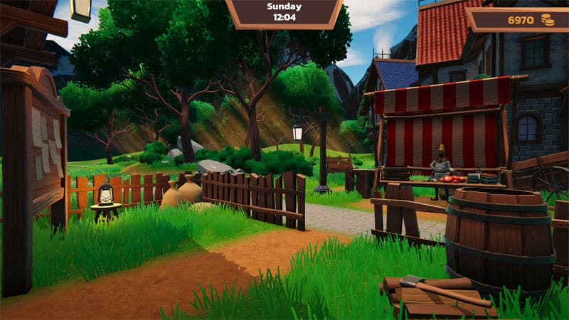 Medieval fantasy environment view featuring a stylized alchemy workshop interior