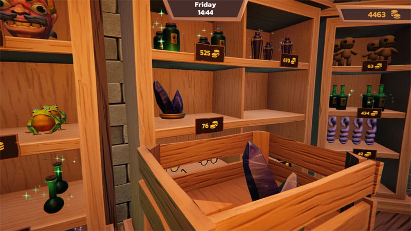 Store customization screen with decorative furniture and shelf arrangement options