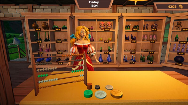 Potion crafting gameplay scene with ingredients, cauldron brewing, and alchemy tools