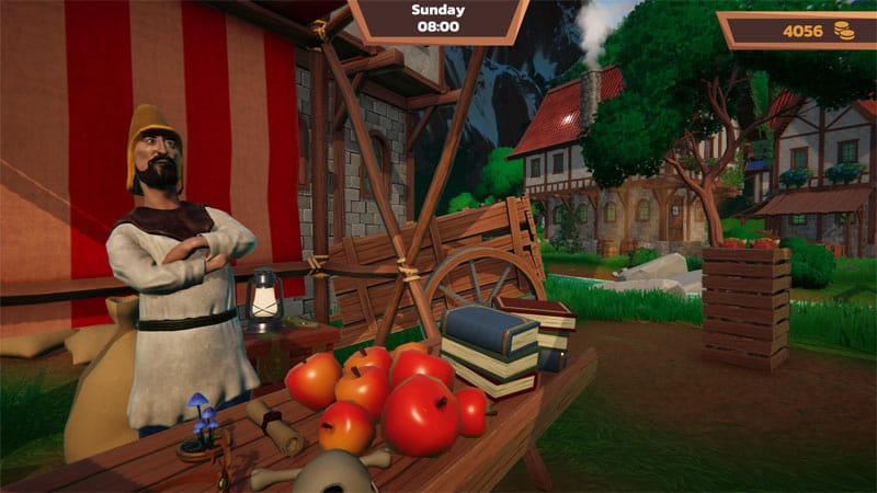 Early gameplay scene showing first-person shopkeeping and inventory management