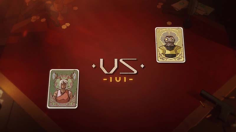 Gameplay scene showing card interface with hands, chips, and active abilities in play