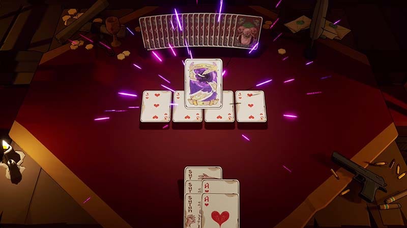 Gameplay view of a card battle with effects triggering from skills and chip combinations