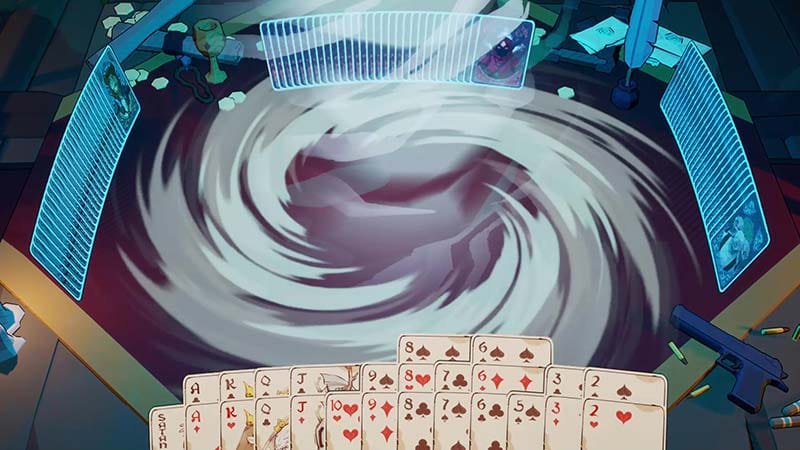 Advanced gameplay scene with complex card interactions and layered ability effects