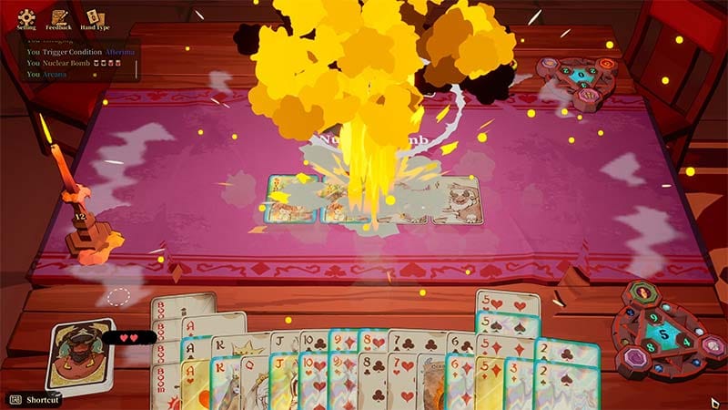 Wide gameplay view showing full card interface with multiple systems active