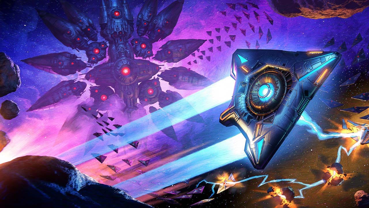 Sci-fi space sector environment with abstract combat visuals and ship navigation elements