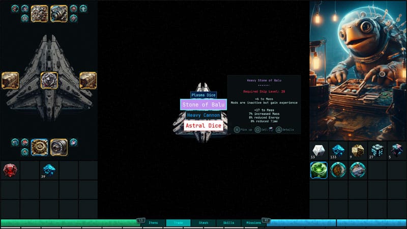 Interface screen displaying deterministic crafting system with item modification options