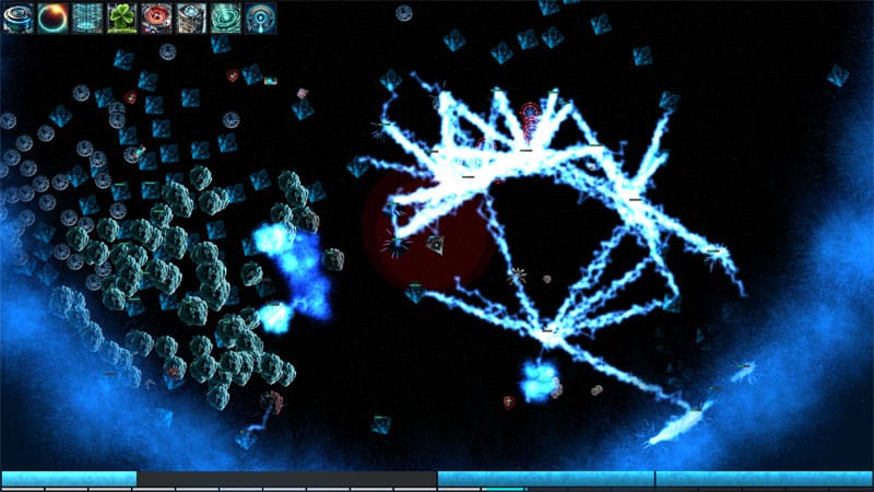 Skill tree interface showing extensive RPG progression nodes for ship development