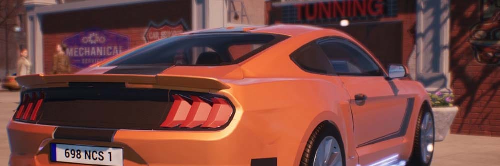 Wide cinematic view of an open world city with dealerships, roads, and parked cars