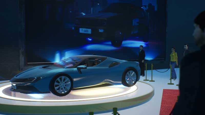 Gameplay scene showing a player inspecting a used car at a market stall