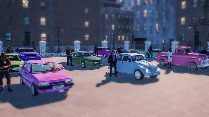Open world navigation scene showing travel routes between business locations