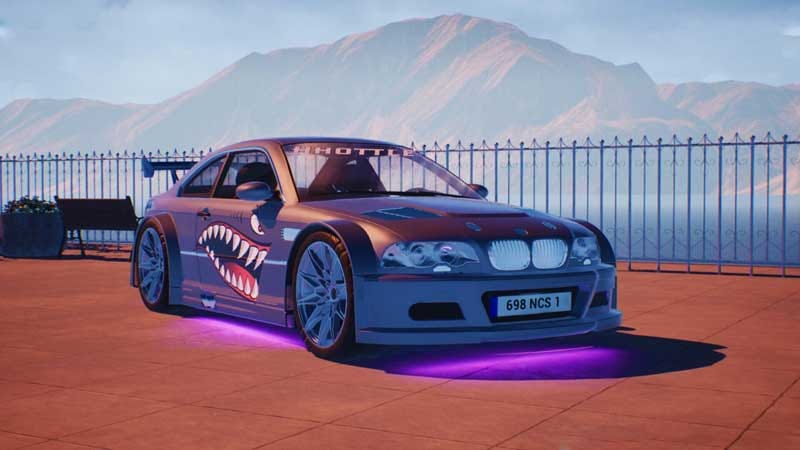 Open world driving scene with a car traveling through a city district