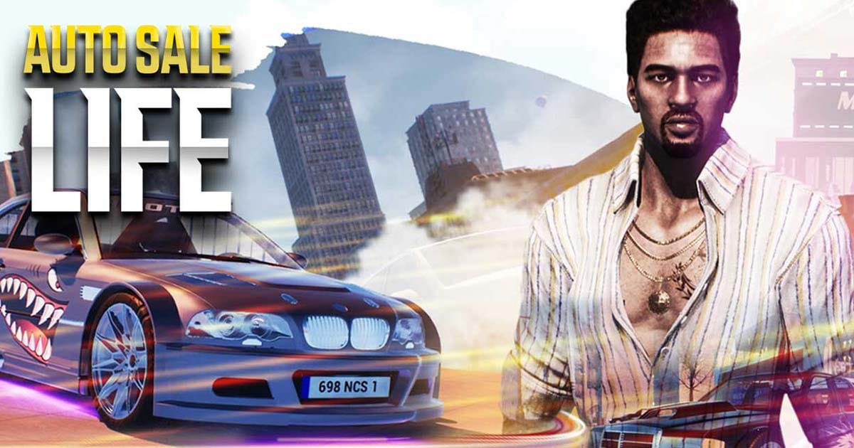 Key artwork of player managing a car dealership with vehicles lined up in a showroom setting
