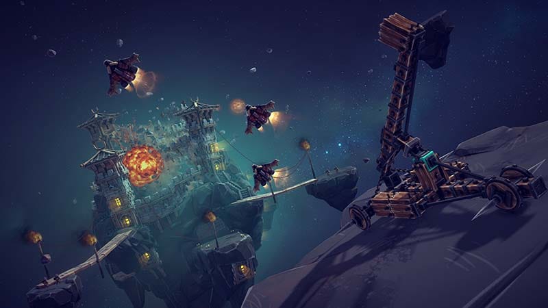 Gameplay scene showing a custom-built machine operating in a space environment
