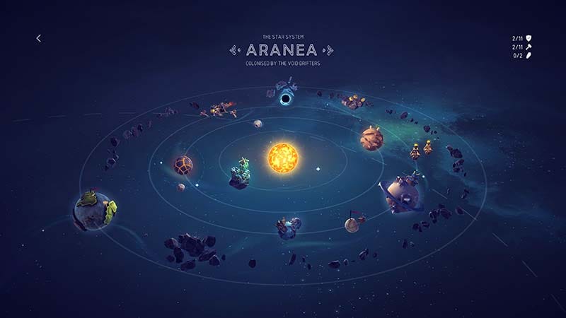 Wide gameplay view showing planets, spacecraft, and an interplanetary environment