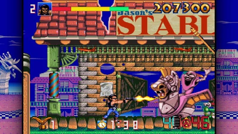 Combat sequence showing projectile shooting against animated mechanical toy enemies