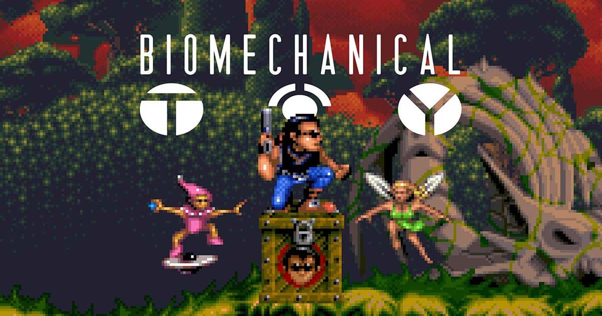 Promotional key art and logo for Biomechanical Toy (QUByte Classics) arcade run-and-gun