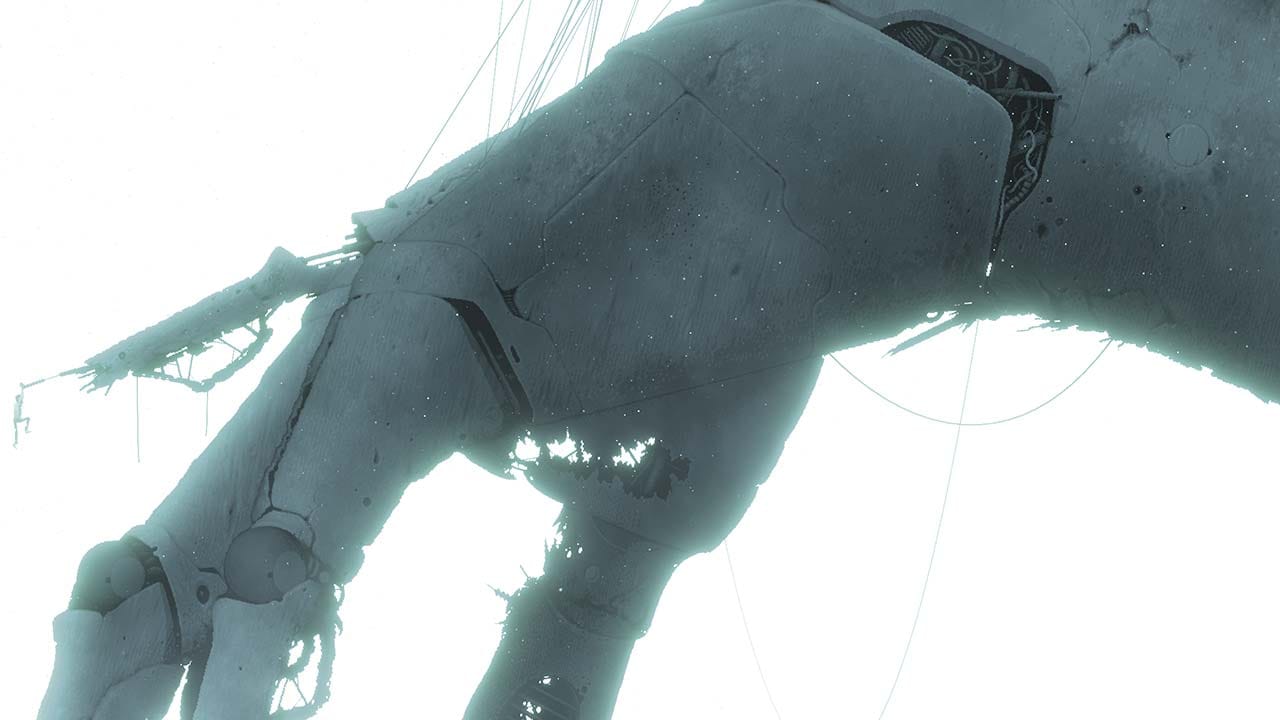 Dark biomechanical environment with industrial structures and atmospheric lighting