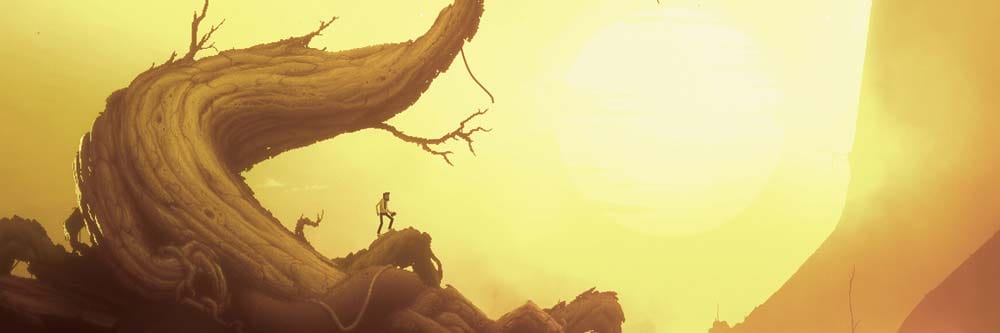 Wide banner showing multiple biomechanical environments from a 2D platformer