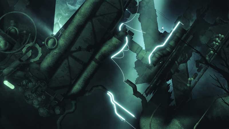 Open environment view with large biomechanical structures and pathways